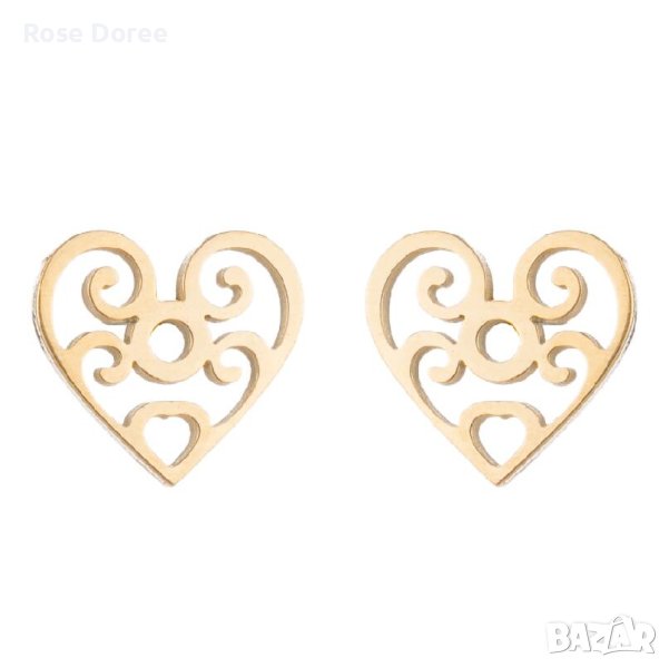 RD 513 Обеци Сърце в златисто орнаментално медицинска стомана безплатна доставка подарък, снимка 1