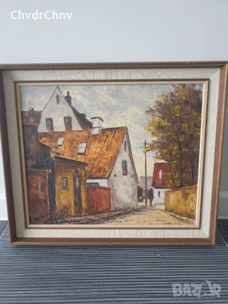 53х45см/малка стара картина масло върху платно/градски пейзаж/малка улица-къщи/дървена рамка, снимка 1