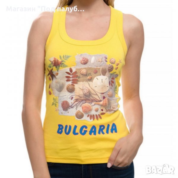 Нов дамски жълт потник с трансферен печат Мидички, Морски, Х-гръб, прав гръб, снимка 1