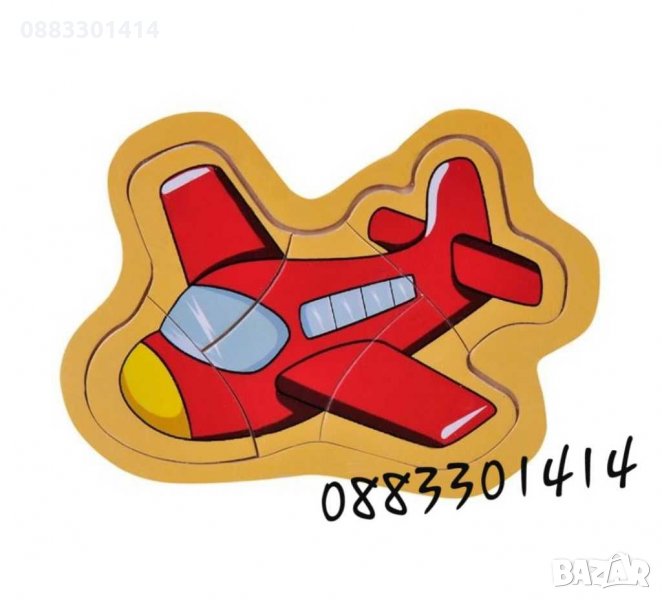 Дървен пъзел самолет, камион, динозавър, куче и котка , снимка 1