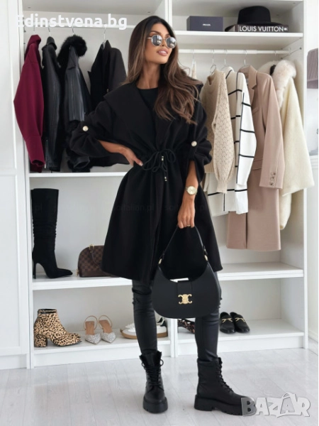 Дамско черно палто с връзки на талията и качулка, снимка 1