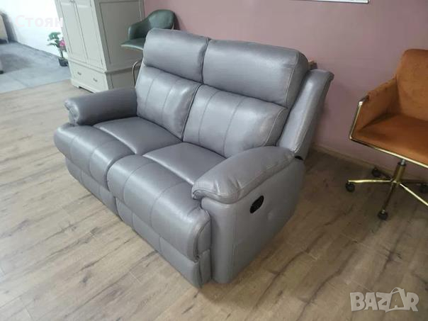 Сиво-лилав кожен диван двойка с ръчен релаксиращ механизъм, снимка 10 - Дивани и мека мебел - 44701782