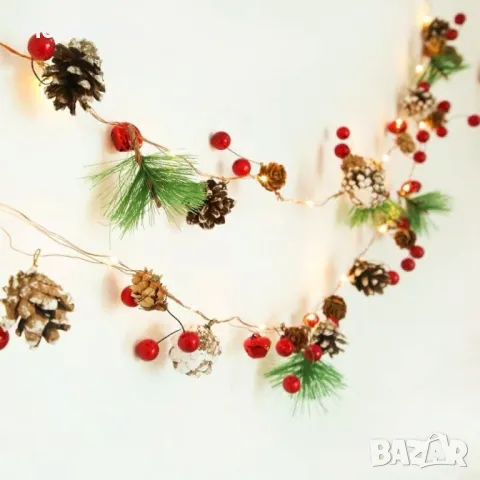 Светеща коледна украса с LED светлини, шишарки и борови клонки, снимка 3 - Декорация за дома - 48201080