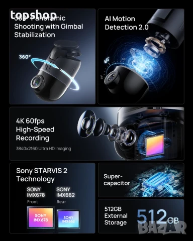 Нова 4K Omni X800, 70mai Двойна видеорегистраторна камера отпред и отзад 4K със Sony IMX678..., снимка 2 - Аксесоари и консумативи - 51045544