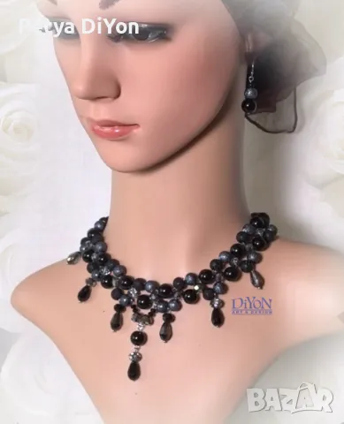 Луксозно черно колие от кристали и перли с обеци