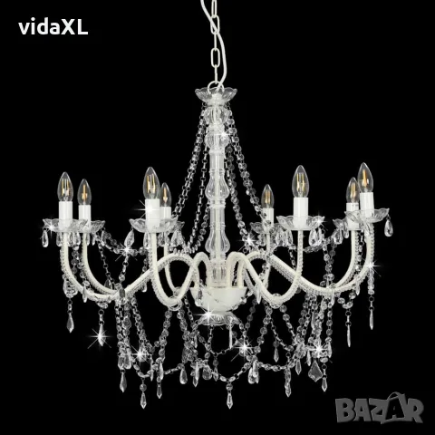 vidaXL Полилей с кристали, бял, 8 х Е14 крушки, снимка 3 - Полилеи - 56146458