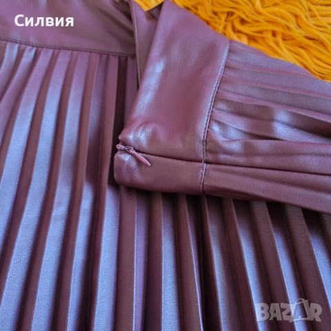 Тъмночервена (бордо) дълга плисирана кожена пола "Zara", размер М, снимка 4 - Поли - 52409439