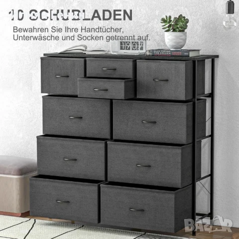 HOMCOM Скрин с чекмеджета от плат, 10 отделения, метална рамка, 100x30x100 см, черен, снимка 3 - Скринове - 50491704