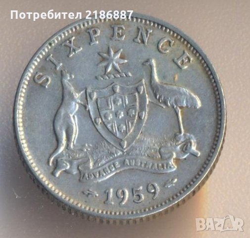 Австралия 6 пенса 1959 година, сребро, снимка 1 - Нумизматика и бонистика - 29227311