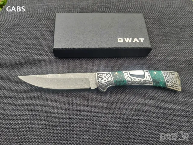 Сгъваем фосфоресциращ нож,дамаска стомана с гравирана дръжка SWAT, снимка 5 - Ножове - 49867746