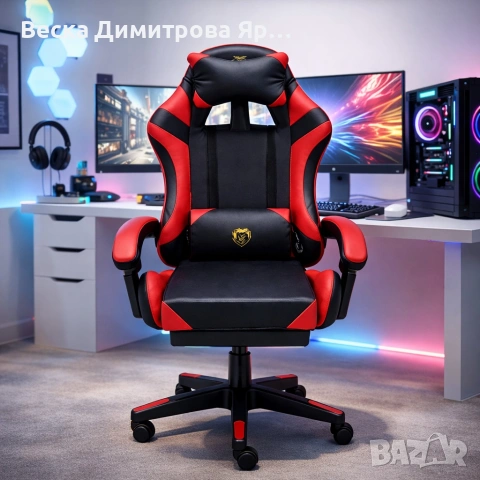 Удобен геймърски стол с поставка за крака и масажна лумбална възглавница, Черно-червен