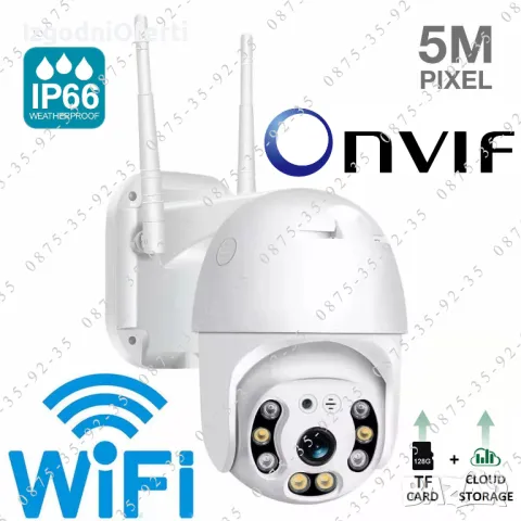 5MP WiFi камера. Куполна PTZ CAMERA Външна ВОДОУСТОЙЧИВА Wi-Fi въртяща, снимка 1 - IP камери - 49535830