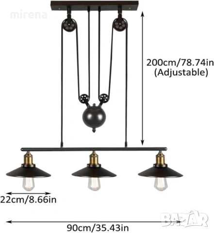 КЛАСИЧЕСКИ полилей с V-образна ролка, регулируем покачване и спускане, ретро, таванно, индустриален, снимка 3 - Полилеи - 53126252