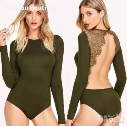 Дантелено боди маслинено зелено, снимка 1 - Блузи с дълъг ръкав и пуловери - 31691185