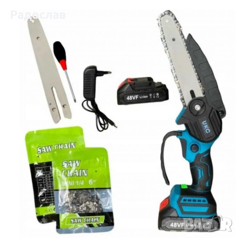  Акумулаторен трион за дърво и клони UKC 48V – 6″ верижна резачка с 2 батерии и 2 вериги, снимка 2 - Градинска техника - 52842175