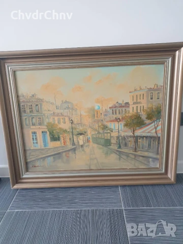 99х79см/голяма гръцка картина масло върху платно/градски пейзаж-трамвай-дъжд/дървена рамка