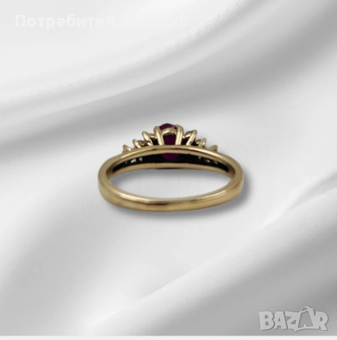 Златен пръстен с рубин и диаманти 14к, снимка 5 - Пръстени - 53253983