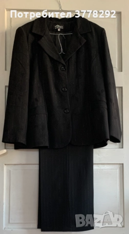 Елегантни черни Рокля и костюм Simena,БГ п-во,сако и панталон,стилно райе–прекъсваща сребърна нишк
