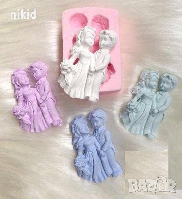 Двойка младоженци с букет булка сватба сватбен силиконов молд форма фондан гипс декор