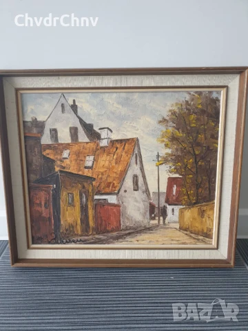 53х45см/малка стара картина масло върху платно/градски пейзаж/малка улица-къщи/дървена рамка