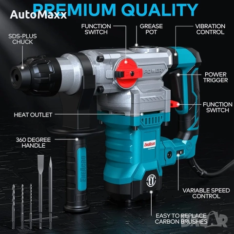 ENEACRO SDS-Plus Перфоратор, 1500 W 6 Джаула, къртач с променлива скорост 0-920 об/мин с 4 функции , снимка 2 - Бормашини - 52180197