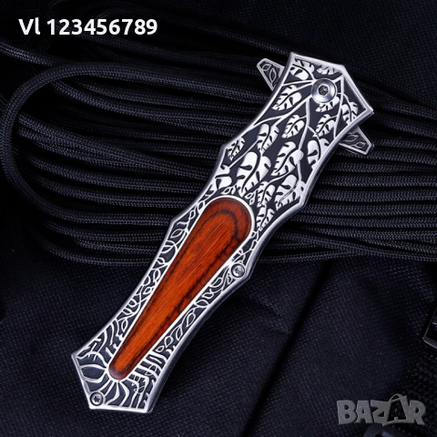 Сгъваем нож с гравирана дръжка и острие тип кама 95x230, снимка 4 - Ножове - 51435054