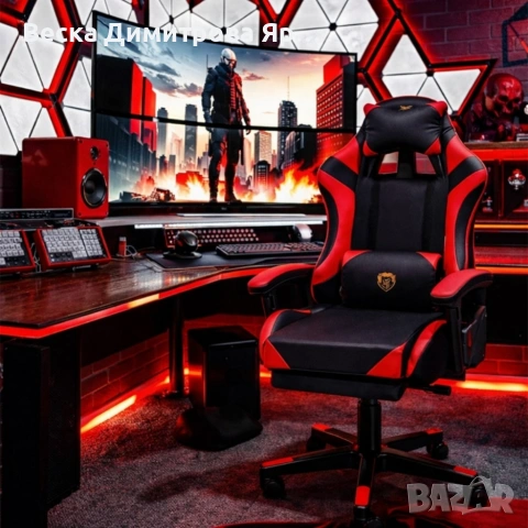 Удобен геймърски стол с поставка за крака и масажна лумбална възглавница, Черно-червен, снимка 4 - Столове - 53959405