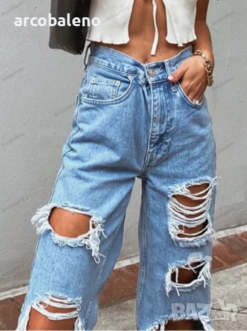 Дамски скъсани свободни широки дънки с висока талия, 2цвята, снимка 3 - Дънки - 39460319