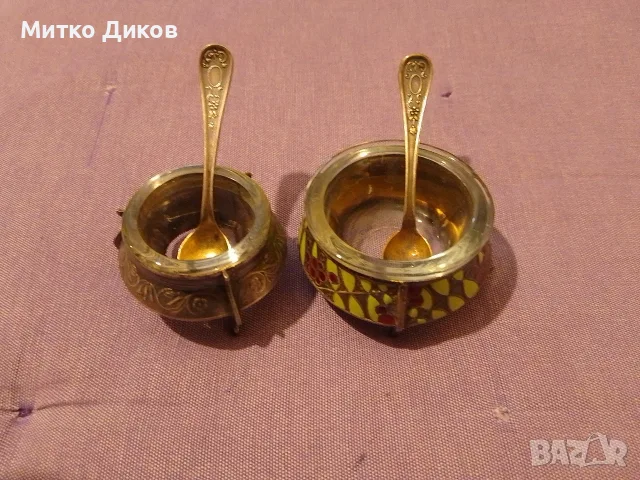 Посребрен съд за хайвер солница горчичник СССР с лъжичка два броя различни
