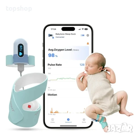 НОВ Чорап за наблюдение на бебе Babytone, проследяване на сърдечната честота, нивото на кислорода...