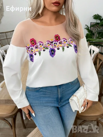 Бяла блуза с бродерия, Блуза на цветя, снимка 4 - Блузи с дълъг ръкав и пуловери - 51305714