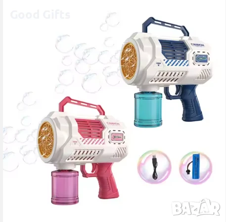 Пистолет за сапунени балончета с 26 отвора – LED светлини, USB зареждане, без разливане