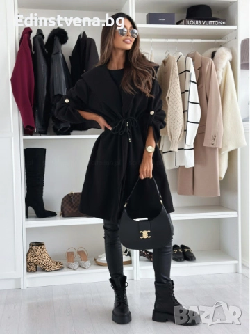 Дамско черно палто с връзки на талията и качулка