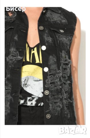 Fornarina - Черен елек от деним с протрити зони, снимка 3 - Елеци - 42902438