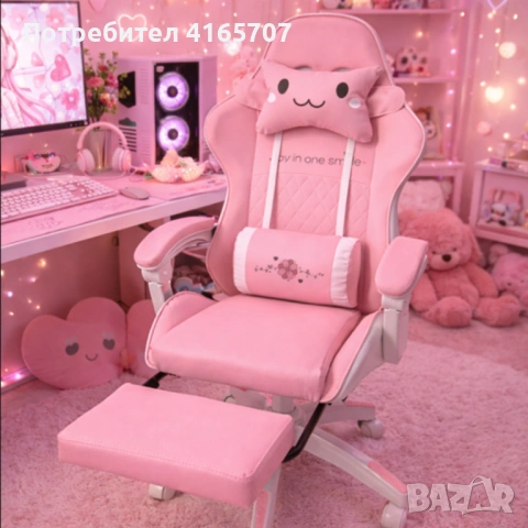 Ергономичен розов геймърски стол с поставка за крака - регулируема облегалка и 2 възглавници за пове, снимка 4 - Столове - 53966402