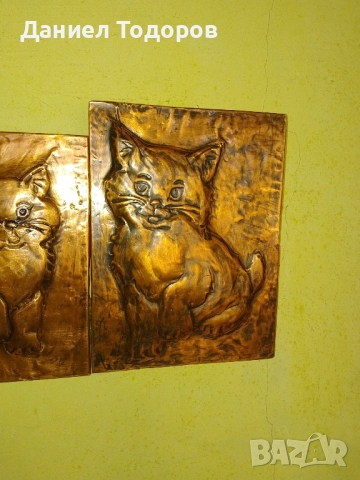 Стара Медна Декоративна Картина , Медно Пано - Котенца , снимка 3 - Картини - 51674292