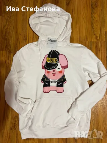 Оригинална бяла блуза Moschino 100 % памук памучна универсален размер суичър суитшърт с качулка, снимка 5 - Суичъри - 48091949
