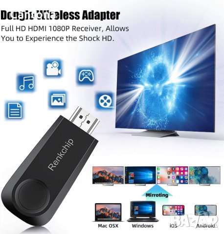 Renkchip E10 WiFi безжичен дисплей приемник, Miracast - iOS/Android/MacOS/Windows, снимка 3 - Приемници и антени - 39260601