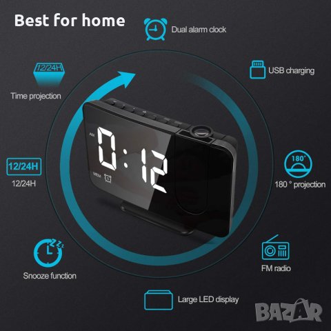 Прожекционен будилник Anykuu с FM радио Snooze Двоен звънец USB порт 3 нива на яркост LED дисплей, снимка 5 - Друга електроника - 42256113
