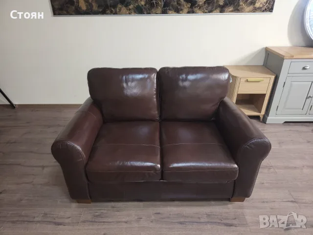 Кафяв кожен диван двойка, снимка 6 - Дивани и мека мебел - 56507412