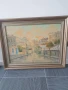 99х79см/голяма гръцка картина масло върху платно/градски пейзаж-трамвай-дъжд/дървена рамка, снимка 1