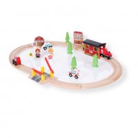 Дървена железопътна композиция с влак, мост и сгради, 70 части, снимка 1 - Играчки за стая - 38534316