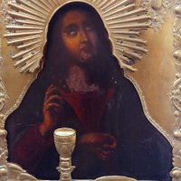 19 Век! Руска икона на Света Евхаристията в Бронзов Обков, снимка 2 - Антикварни и старинни предмети - 39707564
