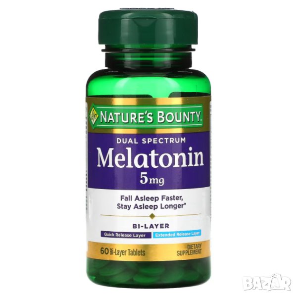 Nature's Bounty Мелатонин, Двоен спектър, 5 мг, 60 двуслойни таблетки, снимка 1