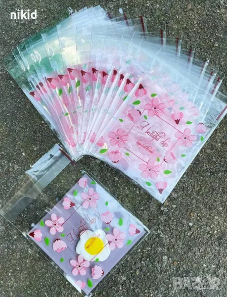 50 бр цветчета вишнев цвят опаковъчни пликчета торбички за дребни сладки ръчна изработка, снимка 1