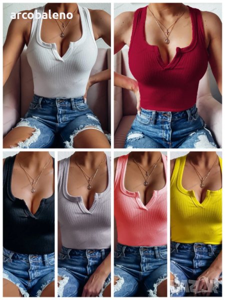 Дамска тениска тип камизола с V-образно деколте и плътен цвят, 6цвята , снимка 1