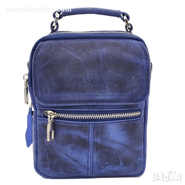 Мъжка чанта през рамо от висококачествена естествена кожа – тъмно синя Код на продукта:K-034, снимка 1