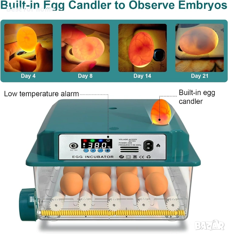 Професионален Автоматичен Инкубатор за Яйца – С LCD дисплей и LED фенерче, снимка 1
