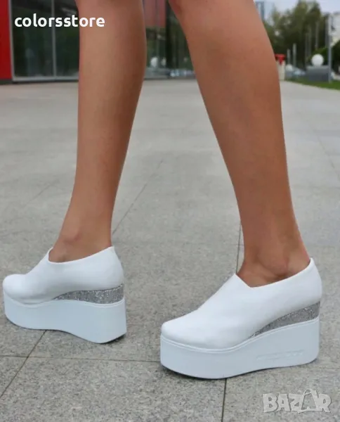 Обувки на платформа - бяла кожа и брокат - VBR90, снимка 1