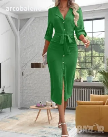 Дамска едноцветна работна рокля с ревер и колан, 9цвята , снимка 7 - Рокли - 48507913